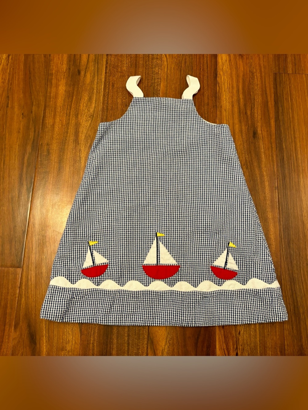 Petit Ami Vintage Seersucker blue/white plaid gingham embroidered sailboat dress